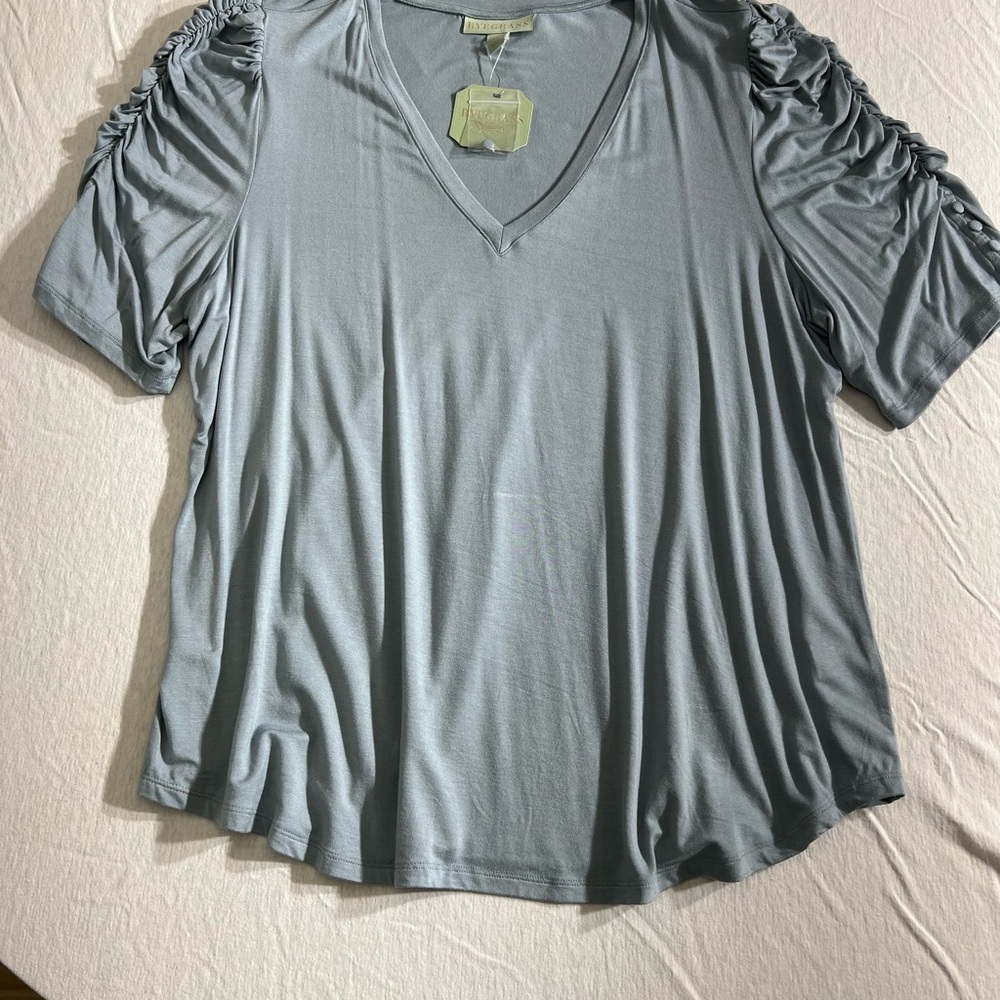Ryegrass Sky Blue V-Neck Ruched Sleeve Top - Picture 5 of 8